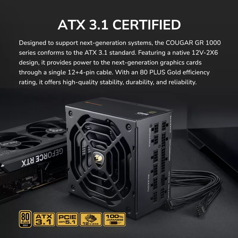 Toiteplokk COUGAR GR 1000W ATX3.1 PCIE 5.1 80 PLUS Gold, 1000 W, 20+4 pin ATX, 120 mm ventilaator
