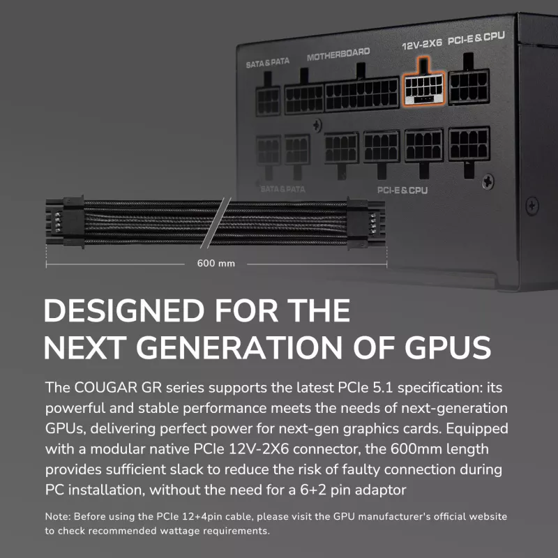 Toiteplokk COUGAR GR 1000W ATX3.1 PCIE 5.1 80 PLUS Gold, 1000 W, 20+4 pin ATX, 120 mm ventilaator