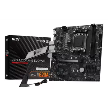 Emaplaat MSI Pro A620AM-G EVO WIFI — AMD A620A kiibistik, pesa AM5, micro ATX, DDR5, 2 mälupesa, Wi‑Fi 6E, 2,5Gb Ethernet