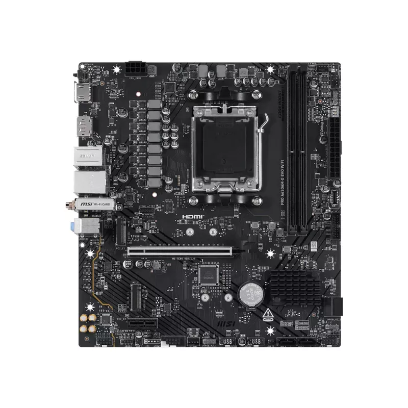 Emaplaat MSI Pro A620AM-G EVO WIFI — AMD A620A kiibistik, pesa AM5, micro ATX, DDR5, 2 mälupesa, Wi‑Fi 6E, 2,5Gb Ethernet