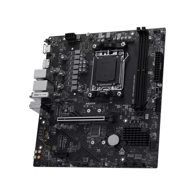 Emaplaat MSI Pro A620AM-G EVO WIFI — AMD A620A kiibistik, pesa AM5, micro ATX, DDR5, 2 mälupesa, Wi‑Fi 6E, 2,5Gb Ethernet