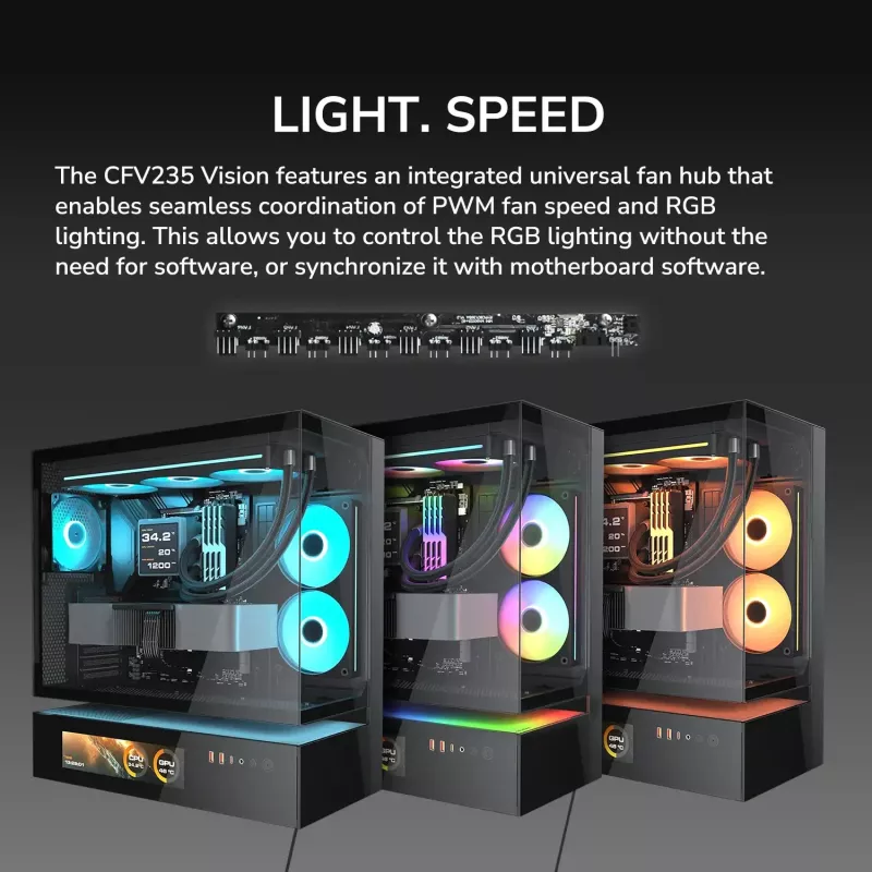Cougar CFV235 Vision Midi Tower arvutikorpus, ARGB, 9,16-tolline LCD (1920×462), karastatud klaas, must
