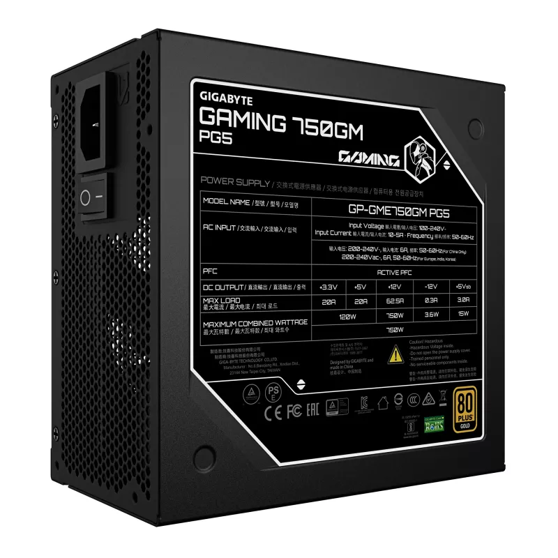 GIGABYTE GAMING 750GM PG5 toiteplokk - PCIe 5.1, 80 PLUS Gold, täismodulaarne disain, 135mm ventilaator, ATX 3.1 ühilduv, EL pistik