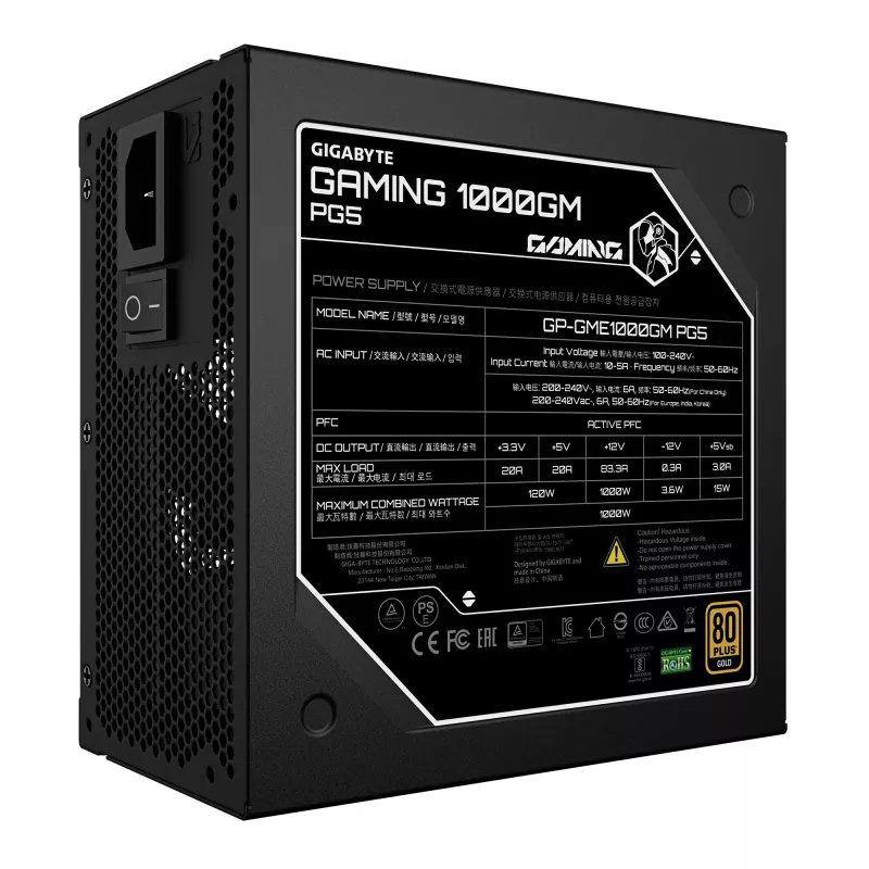 GIGABYTE GAMING 1000GM PG5 toiteplokk - PCIe 5.1, 80 PLUS Gold, täielikult modulaarne disain, 135 mm ventilaator, ATX 3.1 ühilduv, EL-pistik