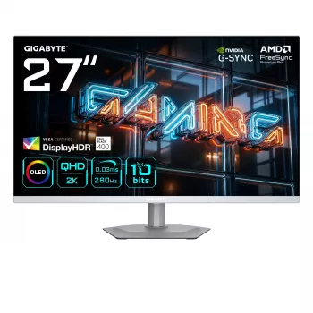 GIGABYTE MO27Q2A ICE 27-tolline QD‑OLED mängurimonitor — 2560×1440, 280 Hz, 0,03 ms, 250 cd/m², HDMI 2.1, DisplayPort 1.4