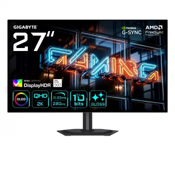 27-tolline GIGABYTE MO27Q28GR WOLED QHD mängurimonitor — 2560×1440, 280Hz, 0,03ms, 335 cd/m², HDMI 2.1, DisplayPort 1.4