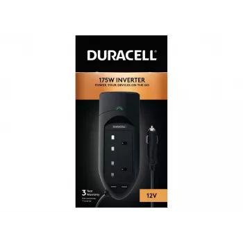 Duracell 175W Twin UK Socket Inverter, Universal, Auto, 12 V, 175 W, 12 V, DC-to-AC