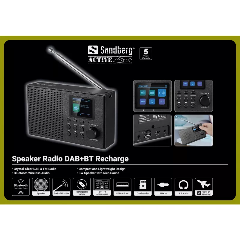 Sandberg Speaker Radio DAB+BT Recharge, kaasaskantav, analoog ja digitaalne, DAB+, FM, 87,5–108 MHz, 174–240 MHz, 3 W