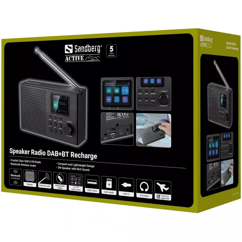 Sandberg Speaker Radio DAB+BT Recharge, kaasaskantav, analoog ja digitaalne, DAB+, FM, 87,5–108 MHz, 174–240 MHz, 3 W