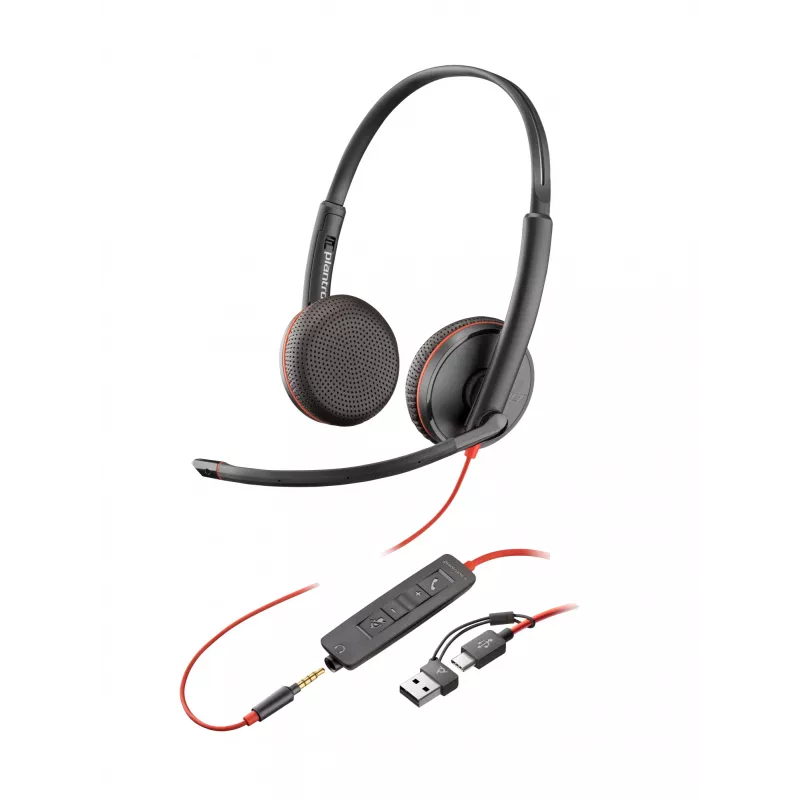 HP Poly Mustwire 3225 Stereo USB-C Peakomplekt +3,5 mm pistik + USB-C/A adapter (hulgipakend)