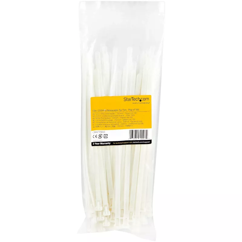 StarTech.com 10-tollised (25 cm) korduvkasutatavad kaablisidemed – 1/4 tolli (7 mm) laiad, 2-1/2 tolli (65 mm) kimbu läbimõõt, 50 naela (22 kg) tõmbetugevus, vabastatavad nailonsidemed, sise-/välistingimustesse, 94V-2/UL loetletud, 100 tk pakend – valge