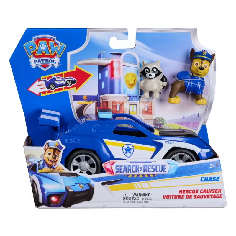 PAW Patrol : Search & Rescue, Chase Rescue Cruiser sõiduk 2 figuuriga, politseiauto mänguasi tagasitõmbeaktsiooniga, laste mänguasjad poistele ja tüdrukutele alates 3. eluaastast