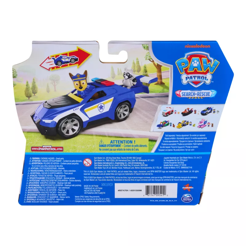 PAW Patrol : Search & Rescue, Chase Rescue Cruiser sõiduk 2 figuuriga, politseiauto mänguasi tagasitõmbeaktsiooniga, laste mänguasjad poistele ja tüdrukutele alates 3. eluaastast