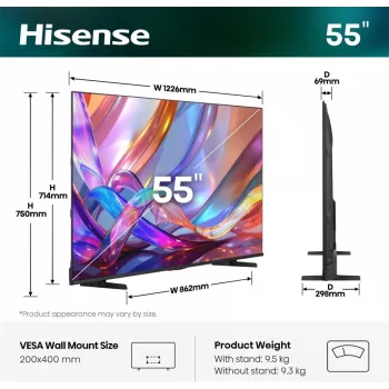Hisense 55E7S 55-tolline QLED 4K Ultra HD nutiteler VIDAA-ga, otse-LED-taustvalgustus, 3840×2160, 330 cd/m², DVB-T2/C/S2, Wi‑Fi, must