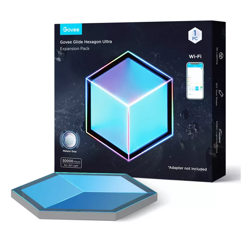 Nutikas seinavalgusti Govee Glide Hexagon Light Panels Ultra laienduspakett — Wi‑Fi/Bluetooth, 36 V sisend, hall