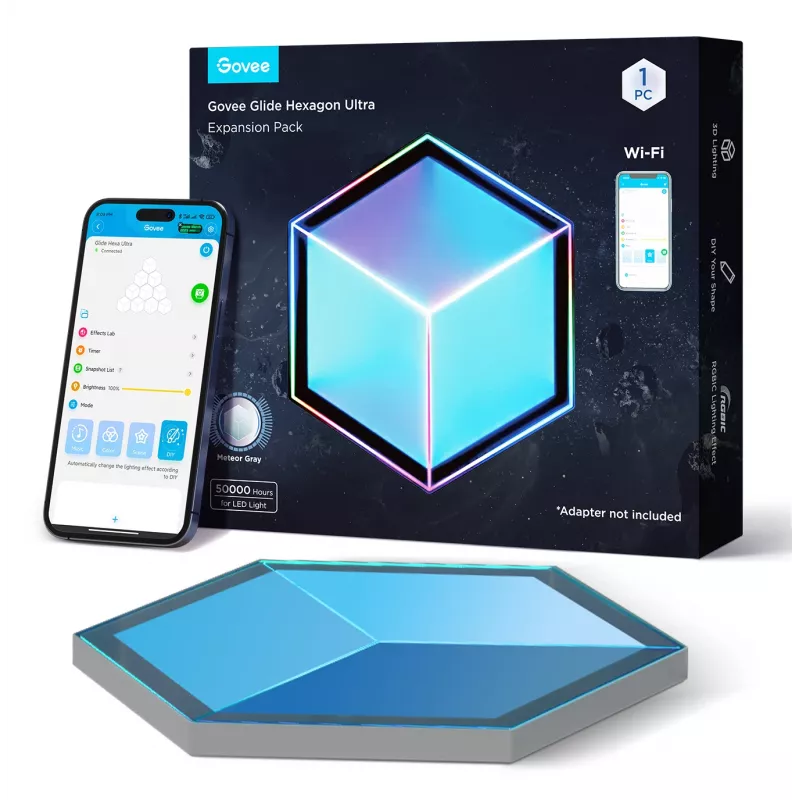 Nutikas seinavalgusti Govee Glide Hexagon Light Panels Ultra laienduspakett — Wi‑Fi/Bluetooth, 36 V sisend, hall