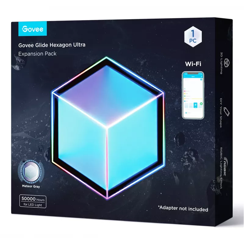 Nutikas seinavalgusti Govee Glide Hexagon Light Panels Ultra laienduspakett — Wi‑Fi/Bluetooth, 36 V sisend, hall