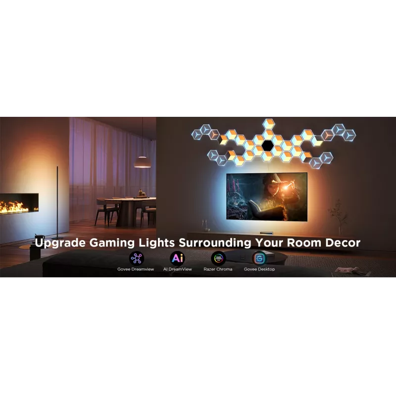 Nutikas seinavalgusti Govee Glide Hexagon Light Panels Ultra laienduspakett — Wi‑Fi/Bluetooth, 36 V sisend, hall