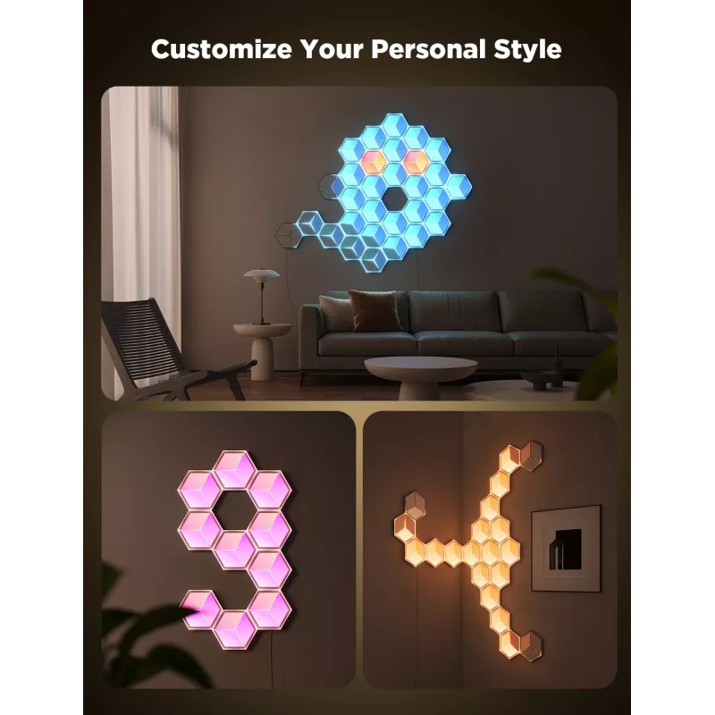 Nutikas seinavalgusti Govee Glide Hexagon Light Panels Ultra laienduspakett — Wi‑Fi/Bluetooth, 36 V sisend, hall