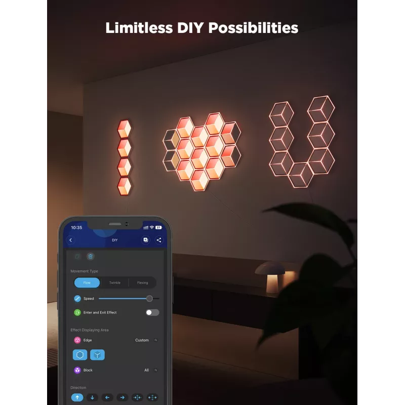 Nutikas seinavalgusti Govee Glide Hexagon Light Panels Ultra laienduspakett — Wi‑Fi/Bluetooth, 36 V sisend, hall