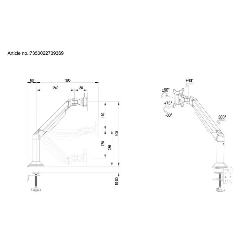 Multibrackets M VESA gaasitõstukiga monitorihoidik lauale või seinale, põhiline, must, klamber/poltkinnitus, 10 kg