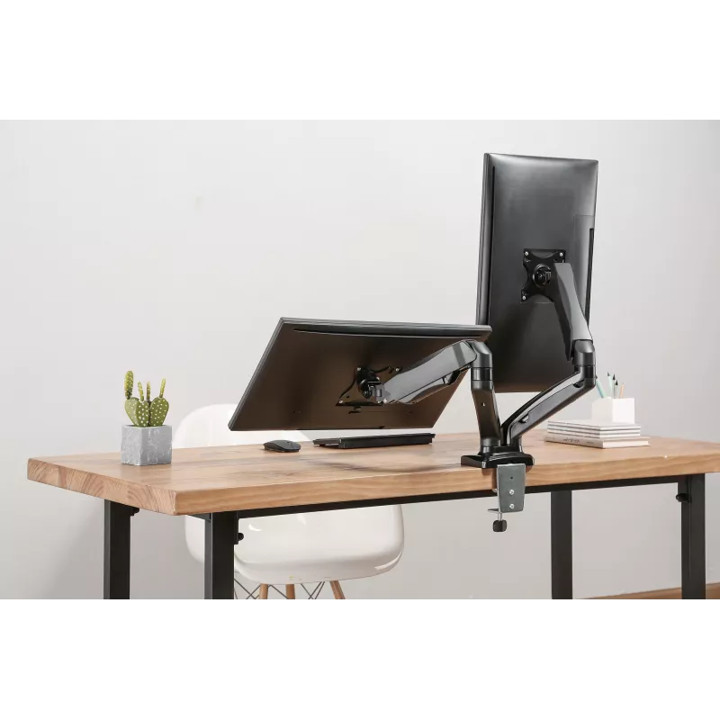 Manhattan Dual Desk Mount for TV & Monitors (Full Motion Spring), For screens 10 inch to 27 inch, C-Clamp or Grommet Assembly,VESA compatibility: 75x75 and 100x100mm -check the dimensions of the four mounting holes on back of screen to ensure it fits,Max 9kg (each),Bracket