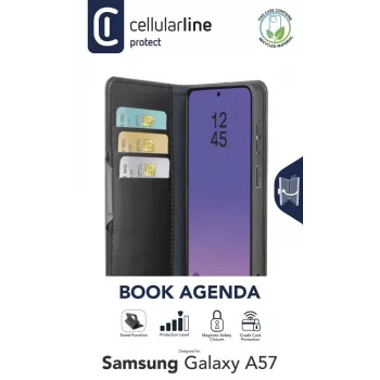 Cellularline Book Agenda 2 - Galaxy A57 raamatustiilis kunstnahast ümbris magnetkinnitusega, alusfunktsiooniga ja RFID/NFC kaitsega kontaktivabadele kaartidele.