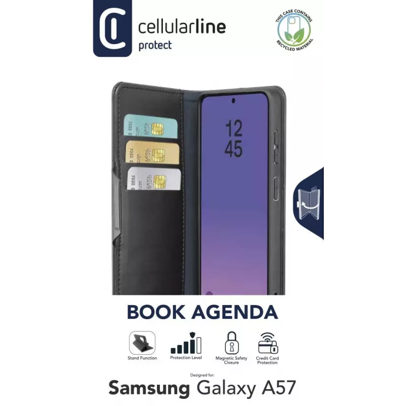 Cellularline Book Agenda 2 - Galaxy A57 raamatustiilis kunstnahast ümbris magnetkinnitusega, alusfunktsiooniga ja RFID/NFC kaitsega kontaktivabadele kaartidele.