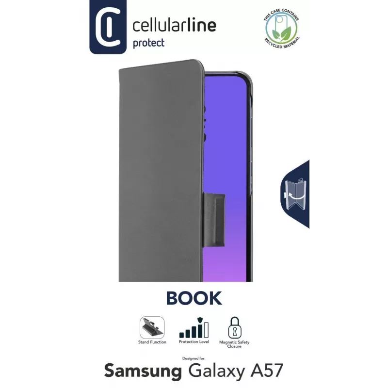 Cellularline Book - Galaxy A57 raamatustiilis ümbris kaarditaskuga, magnetilise sulguriga ja täieliku ligipääsuga nuppudele ja pistikutele.