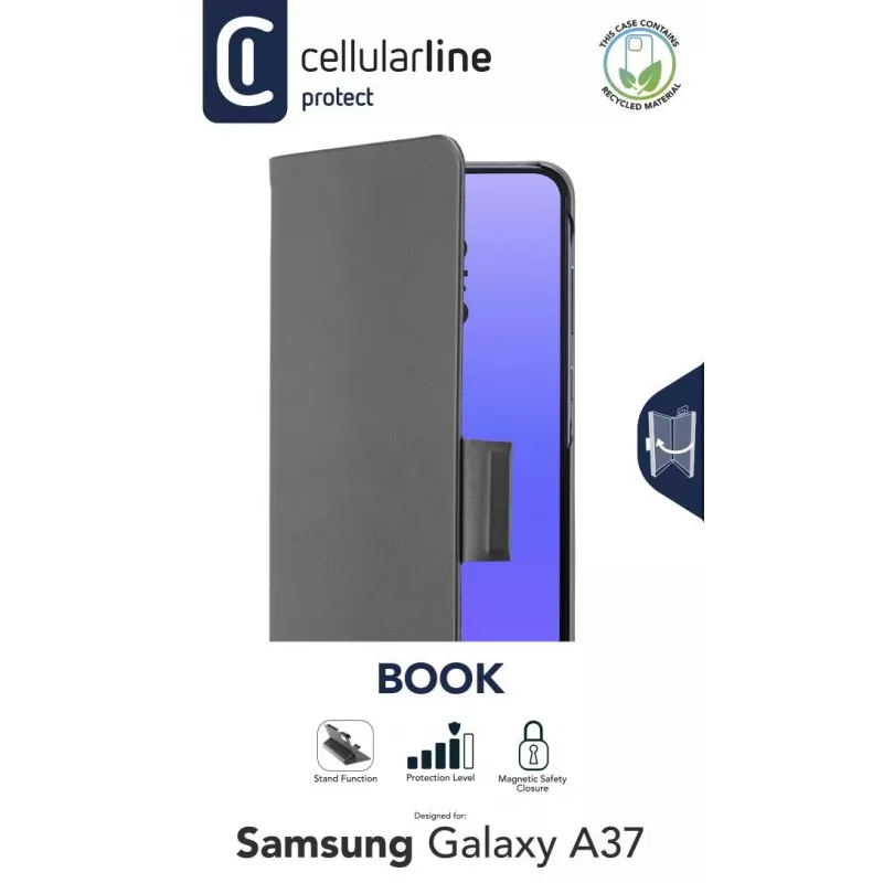 Cellularline BOOK 3 – Galaxy A37 raamatustiilis ümbris magnetilise sulguri, kaarditasku ja lihtsa kaardi eemaldamisega. Kaitseb telefoni, blokeerimata juurdepääsu nuppudele ja portidele.