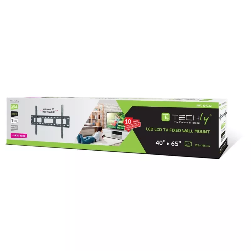 Techly seinakinnitus üliõhukesele LED LCD telerile 40-65 inch, 101,6 cm (40 tolli), 165,1 cm (65 tolli), 100 x 100 mm, 600 x 400 mm, metallist, must