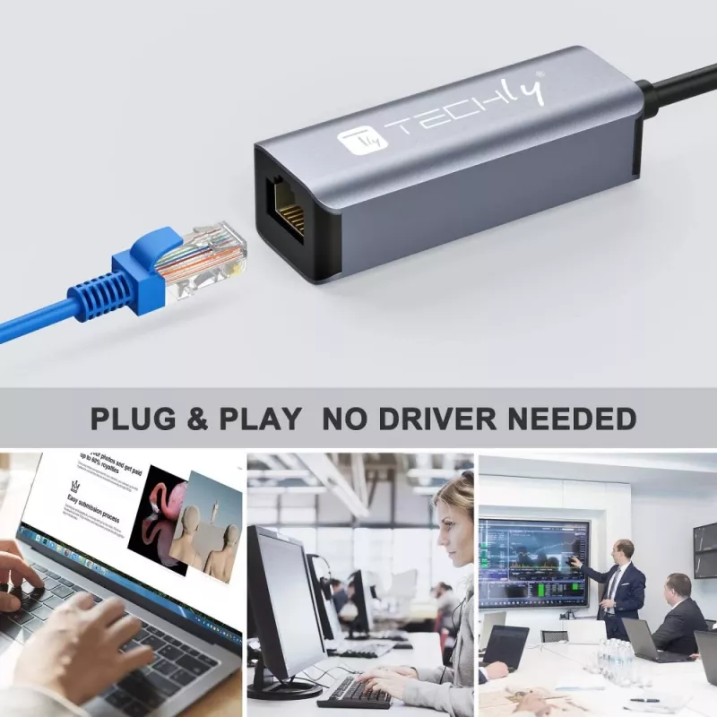 Techly IDATA USB-ETGIGA-AA sülearvuti dokk/pordireplikaator Juhtmega USB 3.2 Gen 1 (3.1 Gen 1) Type-A Must, Hõbedane