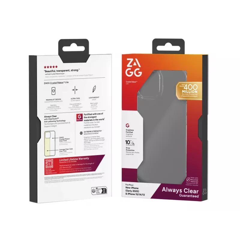 ZAGG Crystal Palace Lite korpus Apple iPhone 17e/16e/15/14/13, ümbris, Apple, iPhone 17e/16e/15/14/13, 15,5 cm (6,1 tolli), läbipaistev