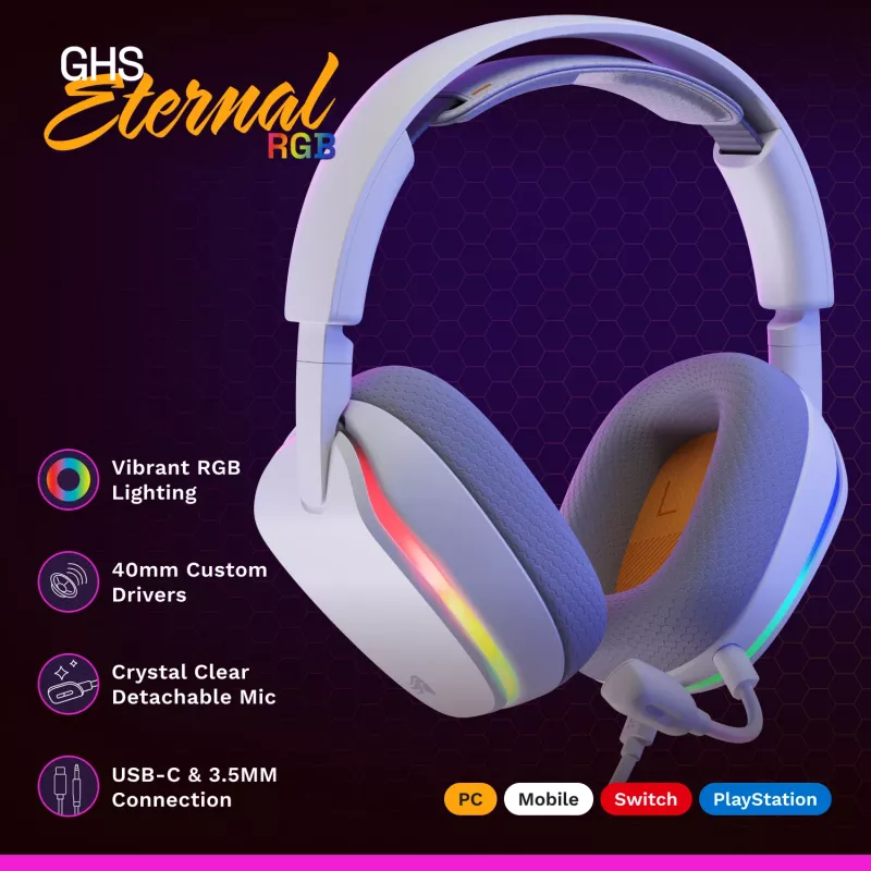 Glorious Gaming Glorious GHS Eternal RGB – Stereo-RGB-mängukõrvaklapid arvutile, PS5-le, PS4-le, Switchile – kohandatud häälestusega nurga all draiverid, reguleeritav kristallselge eemaldatav mikrofon, USB-C – vastupidav, kogu päeva/öö mugavus – valge