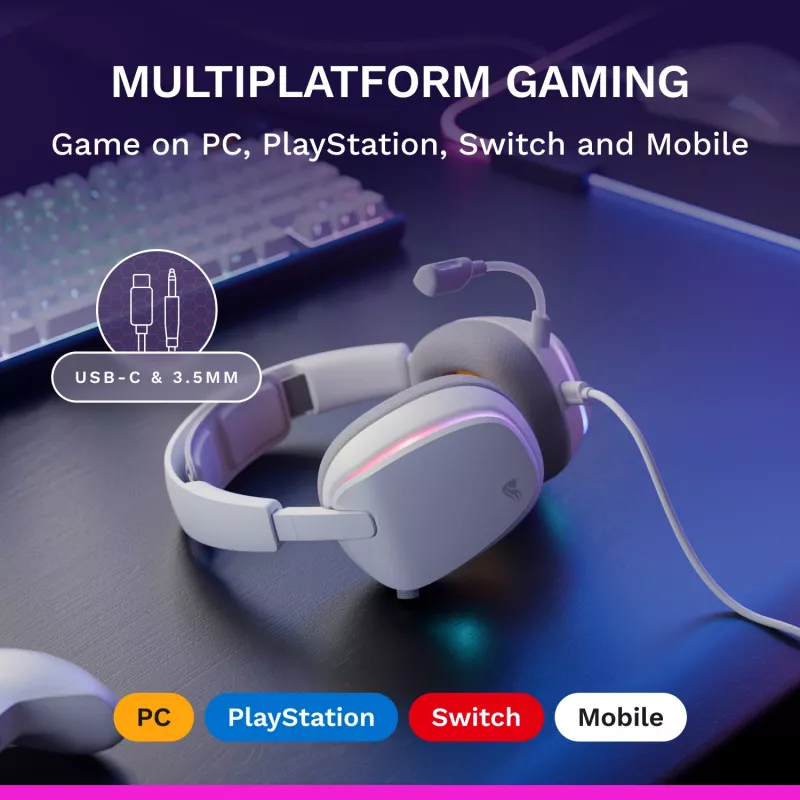 Glorious Gaming Glorious GHS Eternal RGB – Stereo-RGB-mängukõrvaklapid arvutile, PS5-le, PS4-le, Switchile – kohandatud häälestusega nurga all draiverid, reguleeritav kristallselge eemaldatav mikrofon, USB-C – vastupidav, kogu päeva/öö mugavus – valge