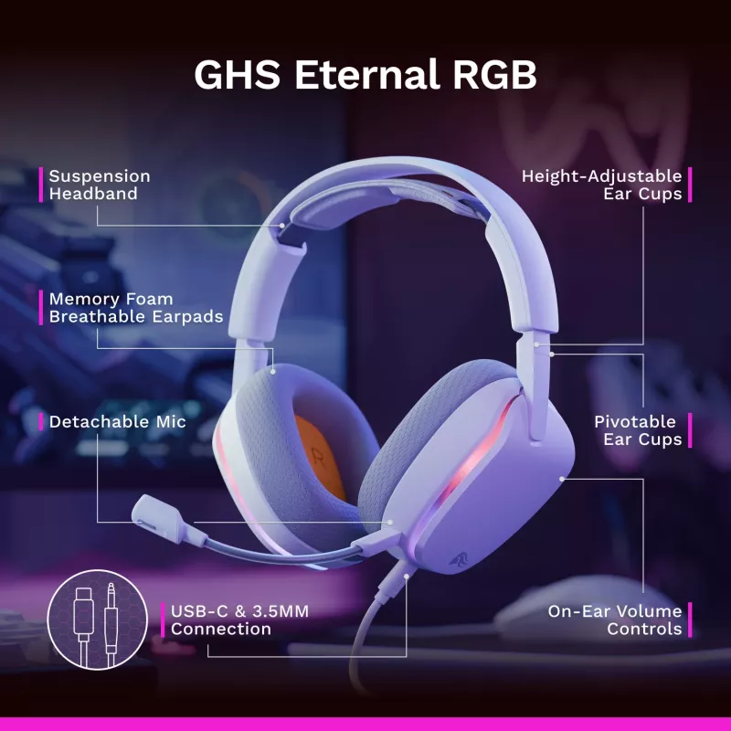 Glorious Gaming Glorious GHS Eternal RGB – Stereo-RGB-mängukõrvaklapid arvutile, PS5-le, PS4-le, Switchile – kohandatud häälestusega nurga all draiverid, reguleeritav kristallselge eemaldatav mikrofon, USB-C – vastupidav, kogu päeva/öö mugavus – valge
