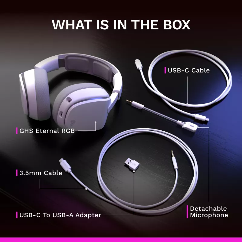Glorious Gaming Glorious GHS Eternal RGB – Stereo-RGB-mängukõrvaklapid arvutile, PS5-le, PS4-le, Switchile – kohandatud häälestusega nurga all draiverid, reguleeritav kristallselge eemaldatav mikrofon, USB-C – vastupidav, kogu päeva/öö mugavus – valge