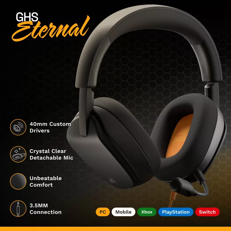 Glorious Gaming Glorious GHS Eternal - Stereo mängupeakomplekt arvutile, PS5-le, PS4-le, Xboxile, Switchile - kohandatud häälesuunaga nurga all olevad draiverid, reguleeritav kristallselge eemaldatav mikrofon, 3,5 mm - vastupidav, kogu päeva/öö mugavus - must