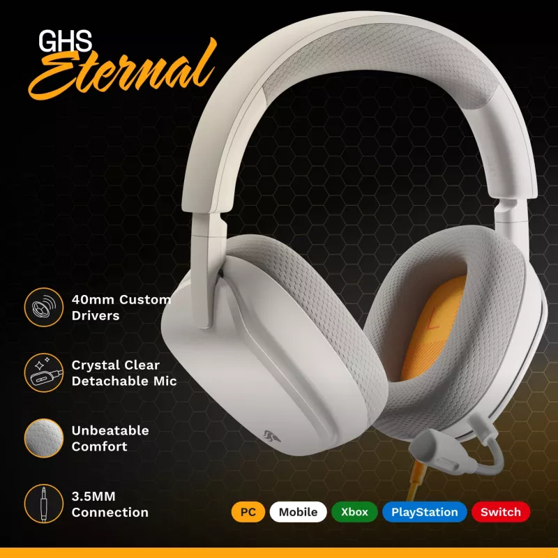 Glorious Gaming Glorious GHS Eternal – stereomängupeakomplekt arvutile, PS5-le, PS4-le, Xboxile, Switchile – kohandatud häälestusega nurga all draiverid, reguleeritav kristallselge eemaldatav mikrofon, 3,5 mm – vastupidav, kogu päeva/öö mugavus – valge