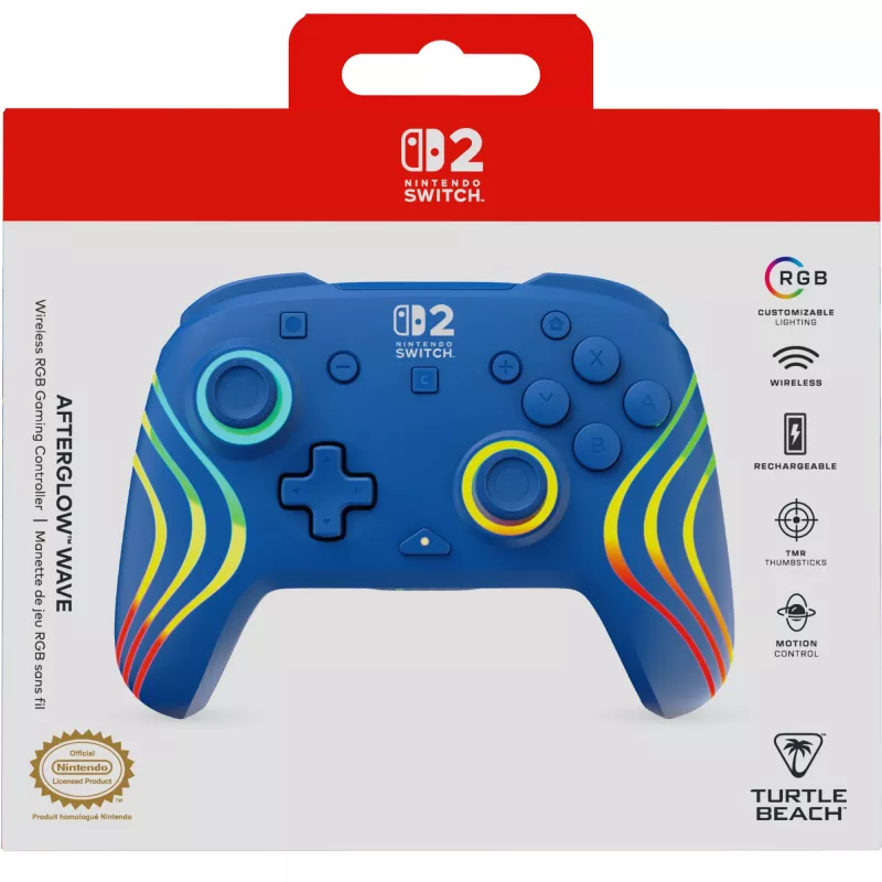 Juhtmega ja juhtmevaba mängupult Turtle Beach Afterglow Wave Blue Nintendo Switch 2 jaoks — Bluetooth/USB-C, RGB, sisseehitatud 20 h aku, 3 m kaabel