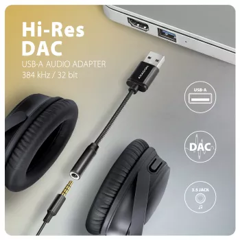 Axagon ADA-HA USB-A kuni 3,5 mm pesaga Hi-Res DAC heliadapter, 384 kHz / 32 bit, stereo