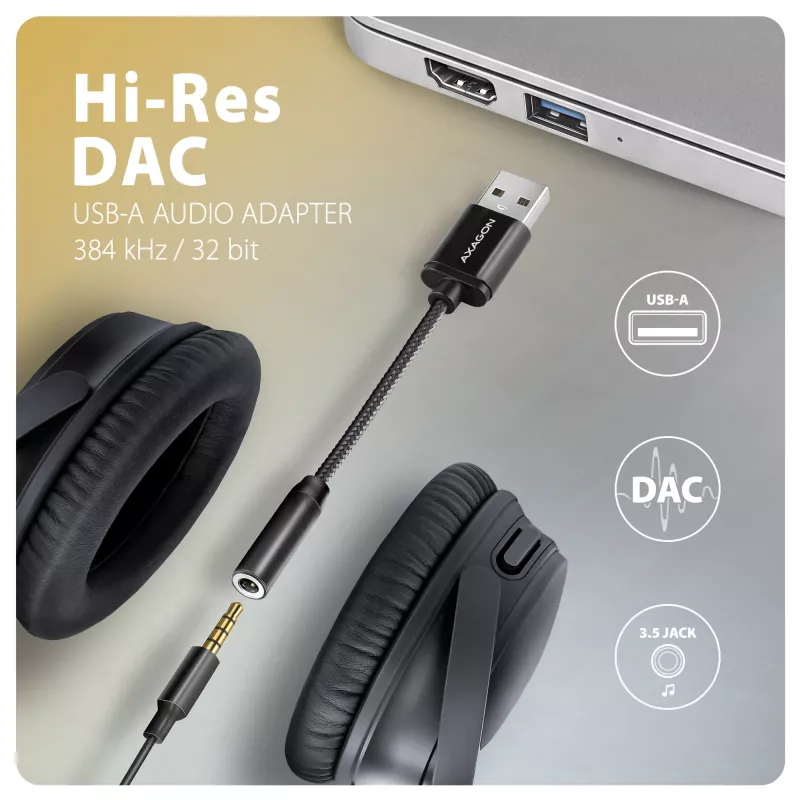 Axagon ADA-HA USB-A kuni 3,5 mm pesaga Hi-Res DAC heliadapter, 384 kHz / 32 bit, stereo