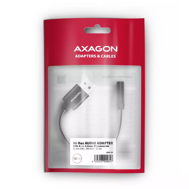 Axagon ADA-HA USB-A kuni 3,5 mm pesaga Hi-Res DAC heliadapter, 384 kHz / 32 bit, stereo