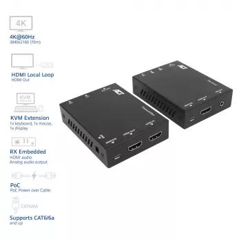 ACT 4K HDMI 2.0 KVM pikenduskomplekt üle CAT6A kuni 70 meetrit