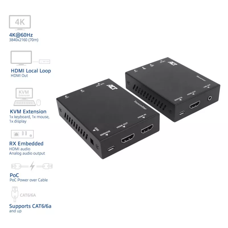 ACT 4K HDMI 2.0 KVM pikenduskomplekt üle CAT6A kuni 70 meetrit