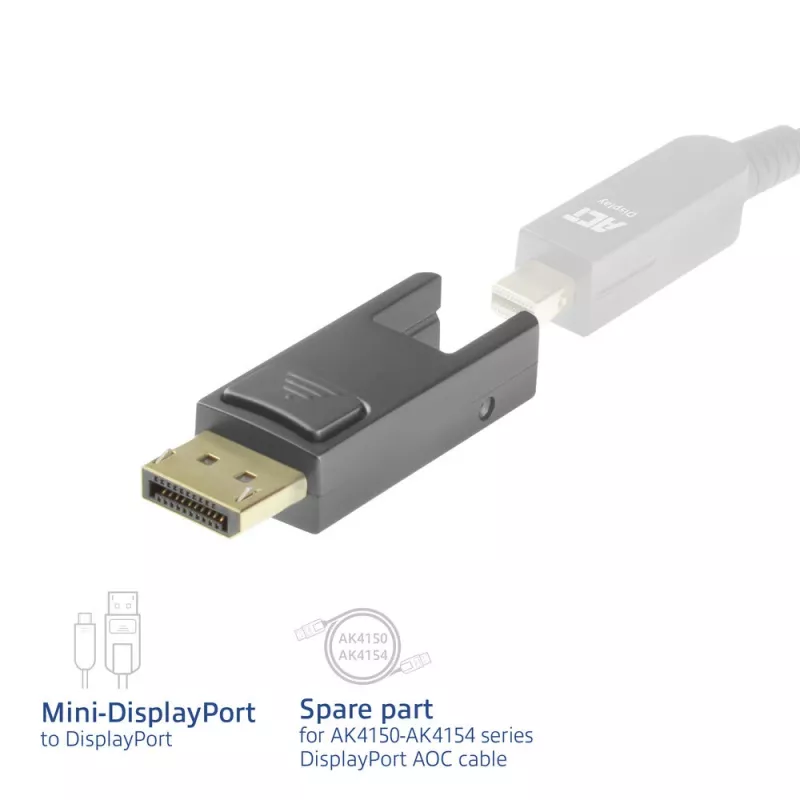 ACT asendusadapter Mini DisplayPort-DisplayPort aktiivsete optiliste DisplayPort-kaablite jaoks, eemaldatava pistikuga
