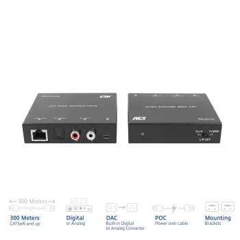 Audio otsepikenduskomplekt ACT AC7710 — digitaalne/analoog üle Cat5e/Cat6 koos DAC-iga, TOSLINK I/O, kuni 300 m, 5 V USB-toide