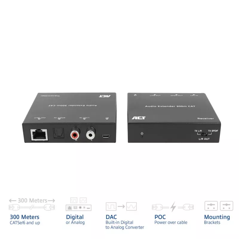 Audio otsepikenduskomplekt ACT AC7710 — digitaalne/analoog üle Cat5e/Cat6 koos DAC-iga, TOSLINK I/O, kuni 300 m, 5 V USB-toide