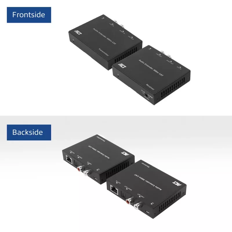 Audio otsepikenduskomplekt ACT AC7710 — digitaalne/analoog üle Cat5e/Cat6 koos DAC-iga, TOSLINK I/O, kuni 300 m, 5 V USB-toide