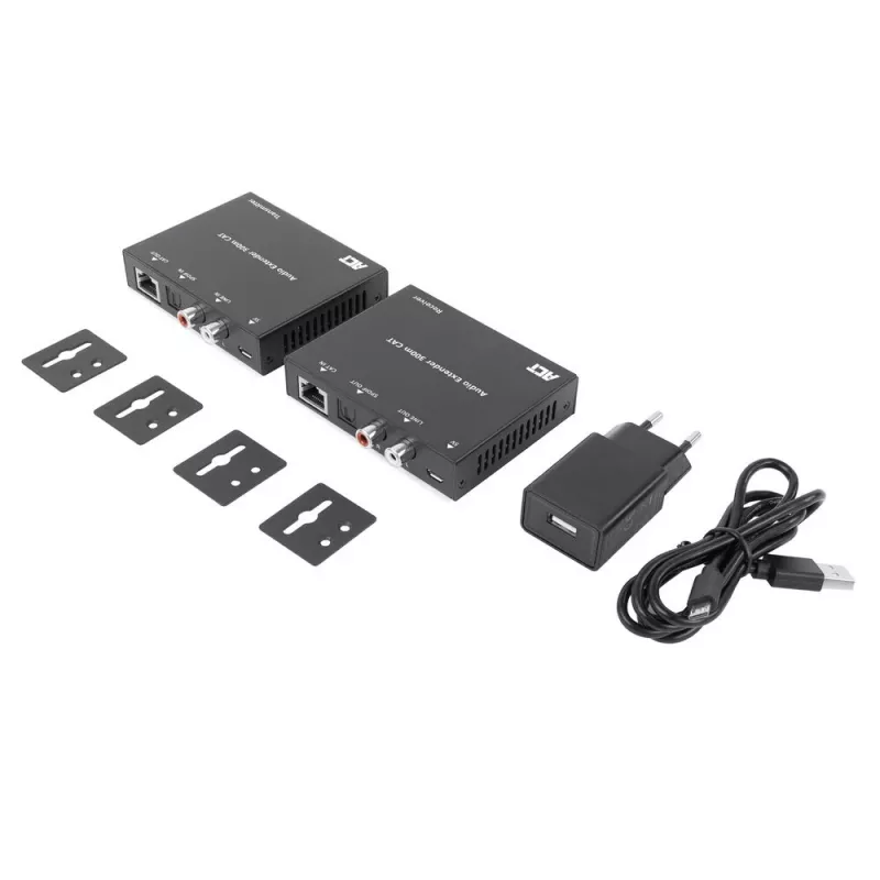Audio otsepikenduskomplekt ACT AC7710 — digitaalne/analoog üle Cat5e/Cat6 koos DAC-iga, TOSLINK I/O, kuni 300 m, 5 V USB-toide
